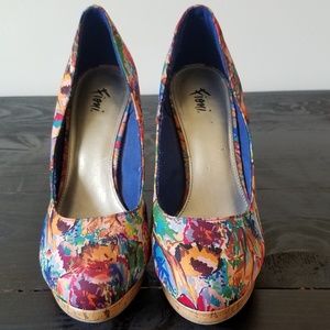 Multi-Color Floral Pumps with Cork Heels - 7.5